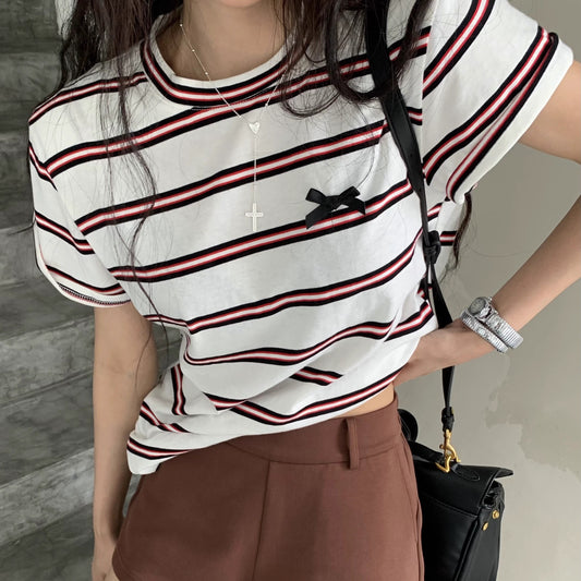 ボーダー Tシャツ ボーダー リボン レディース 韓国 ファッション ワンポイント 夏トップス おしゃれ かわいい