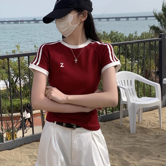 ライン Tシャツ レディース タイト クロップド丈 韓国 ファッション ロゴマーク 肩ライン リンガーT