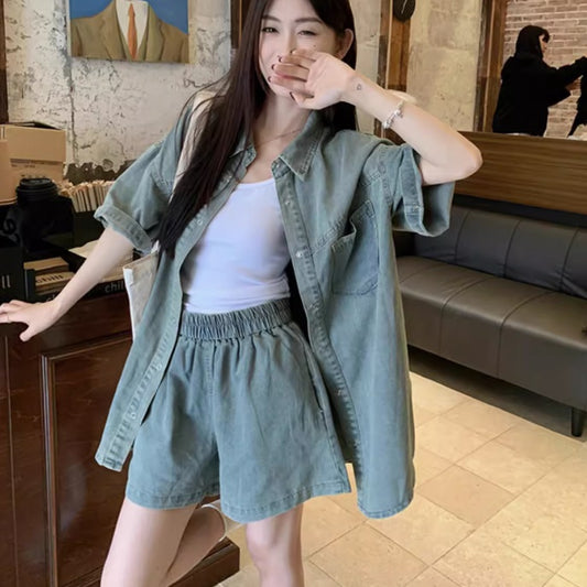デニム セットアップ レディース 韓国 ファッション 夏 半袖 シャツ ハーフパンツ デニム上下セット