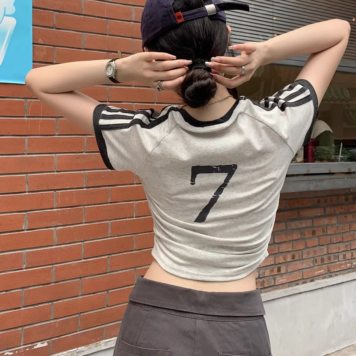 ライン リンガー クロップド Tシャツ レディース 韓国 ファッション バックプリント ショート丈 チビT