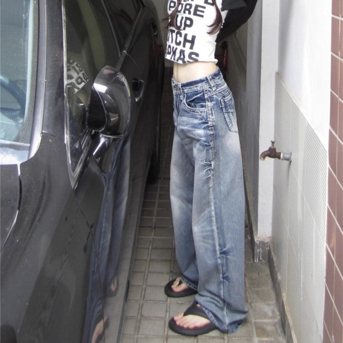 ヴィンテージ加工 デニムパンツ レディース 韓国 ファッション ダメージ ワイドデニムパンツ ジーンズ