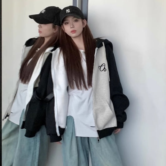 ジップアップ パーカー レディース 韓国 ファッション モノトーン バイカラー ロゴ ラグランパーカー