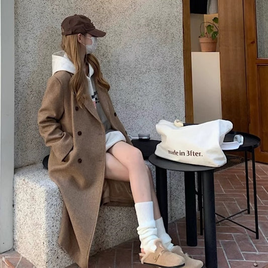 ブラウン ロングコート レディース 韓国 ファッション シンプル ダブルボタン カジュアル 冬コート