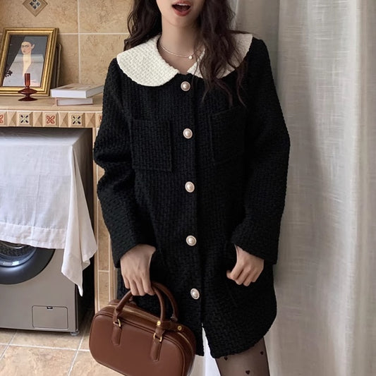 丸襟付き ワンピース レディース 韓国 ファッション パール 上品 清楚 お呼ばれワンピ ガーリー フォーマル 黒ワンピ