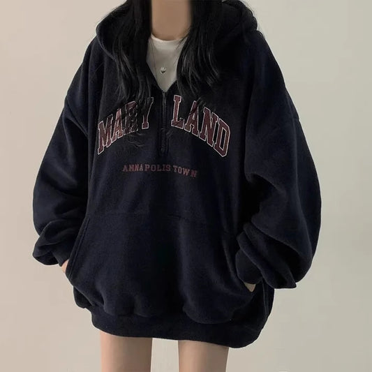 フリース ハーフジップ パーカー レディース 韓国 ファッション 冬 オーバーサイズ ロゴ フーディー