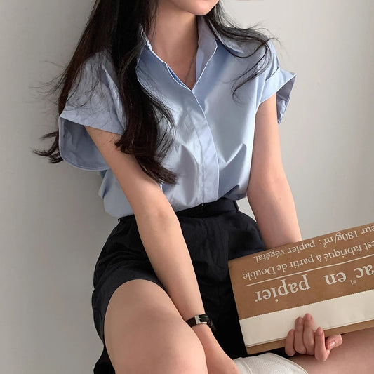 半袖 シャツ レディース 韓国 ファッション オフィス カジュアル フレンチスリーブ きれいめ シャツ トップス