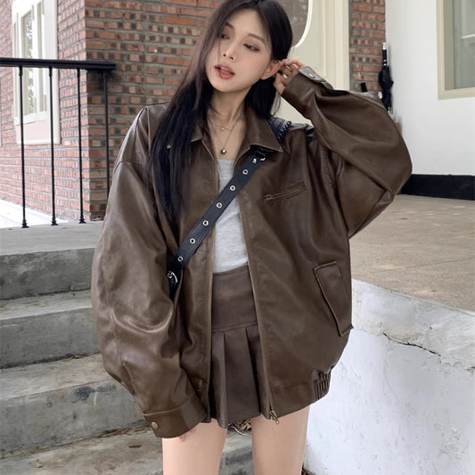 エコレザー セットアップ レディース 韓国 ファッション フェイクレザージャケット プリーツ ミニスカート 上下セット