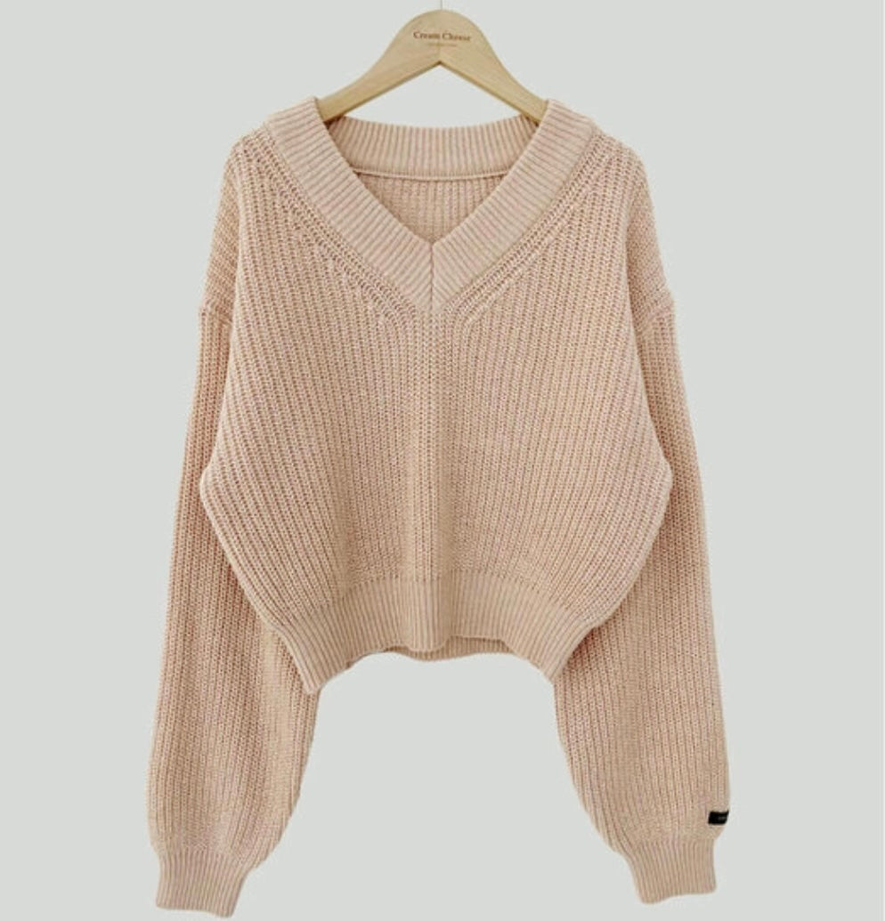 ニット レディース ショート丈 韓国 クロップニット Vネックカラバリ オーバーサイズ