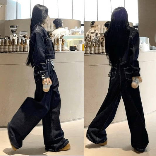 デニム セットアップ レディース 韓国 ファッション ワイドパンツ ショート デニムジャケット バックスリット インディゴカラー