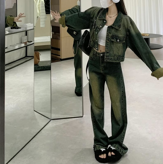 デニム セットアップ レディース 上下セット 韓国 ファッション クロップド デニムジャケット デニムパンツ ユーズド加工 ジーンズ