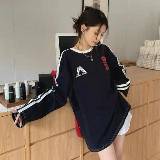 ライン ロングTシャツ レディース 韓国 スポーツ カジュアル ビッグシルエット ロゴ ロンT