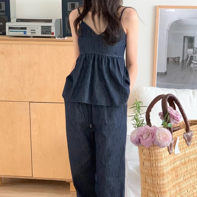 デニム セットアップ 夏 レディース 韓国 デニムチュニック キャミソール ワイドパンツ 上下セット 夏コーデ