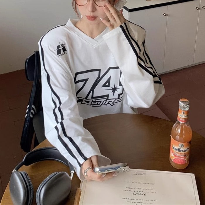 ライン グラフィック ロンT レディース 韓国 スポーティ ロングTシャツ ナンバー ロゴ 袖ライン オーバーサイズ