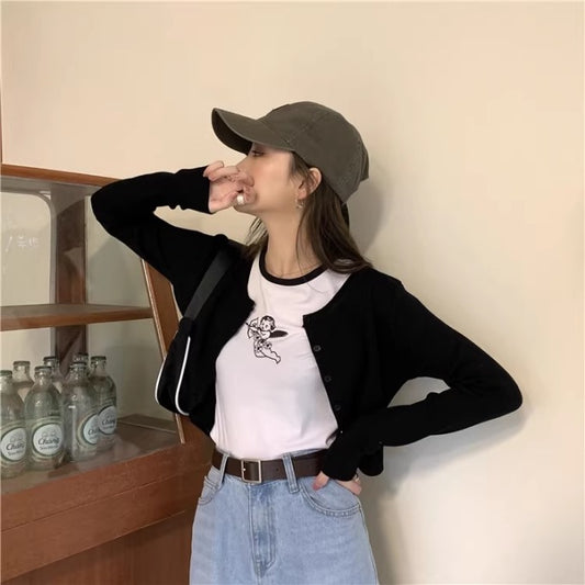 クロップド カーディガン レディース 韓国 ファッション ショート丈 シンプル 黒カーデ 長袖 羽織 夏秋