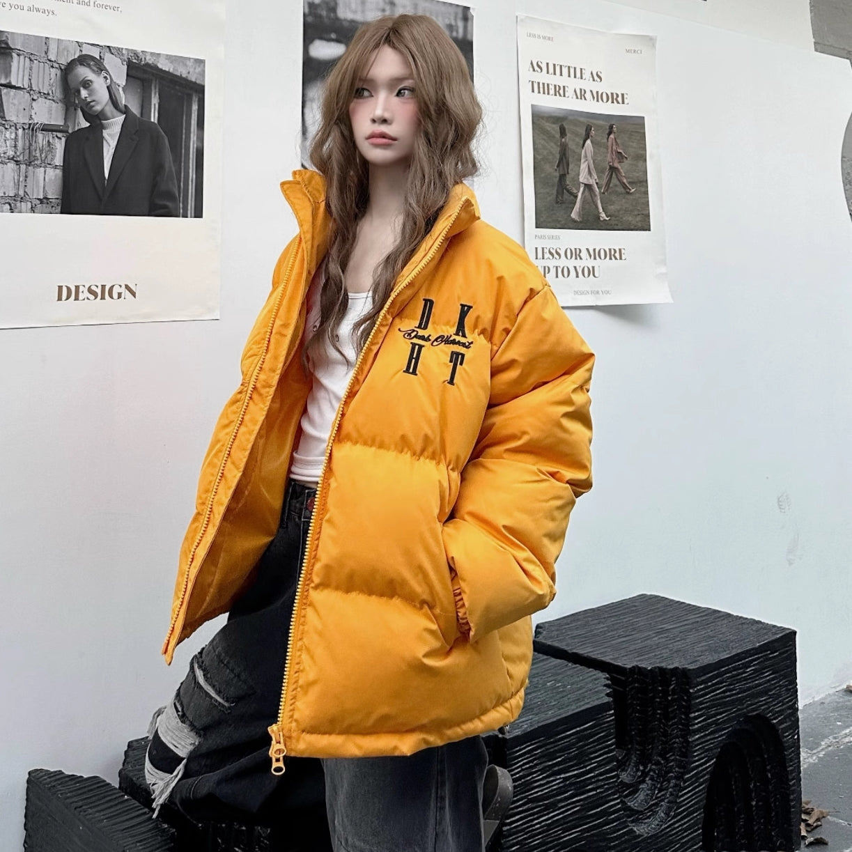 エコ ダウンジャケット レディース 韓国 アウター バックロゴ ジップアップ 中綿 ジャケット