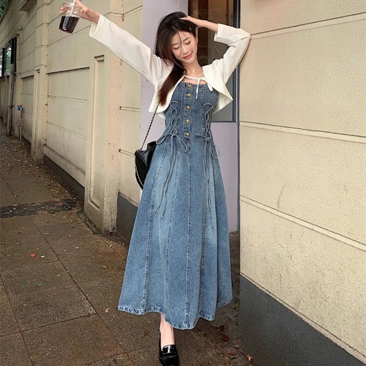 デニム ロングワンピース ボレロ セット レディース 韓国 ファッション カーディガン ノースリーブ レースアップ デニム フレアワンピース