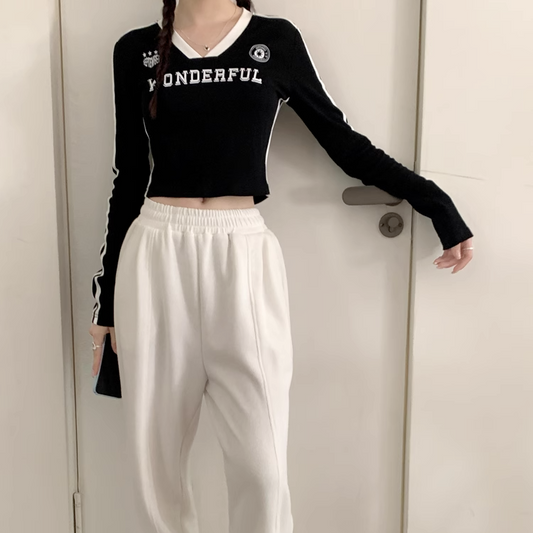 クロップド ライン ロンT レディース 韓国 ロゴ サイドライン ミニマム ショート丈 ロングTシャツ