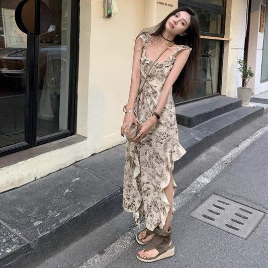 花柄 ワンピース フリル ノースリーブ ロングワンピース 韓国 ファッション ラッフル 柄ワンピース キャミワンピ