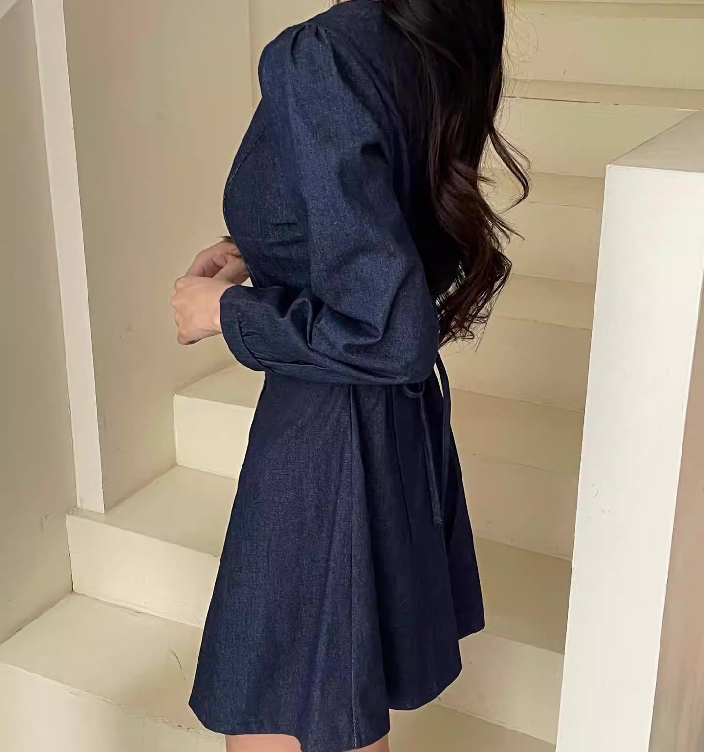 デニム ミニワンピース レディース 韓国 ファッション 前ボタン フレア Aライン 長袖 パフショルダ