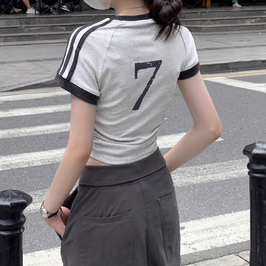 ライン リンガー クロップド Tシャツ レディース 韓国 ファッション バックプリント ショート丈 チビT