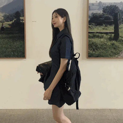 ドッキング デニムワンピース レディース 韓国 ファッション 半袖デニムシャツ ミニワンピース ネイビー 夏ワンピース