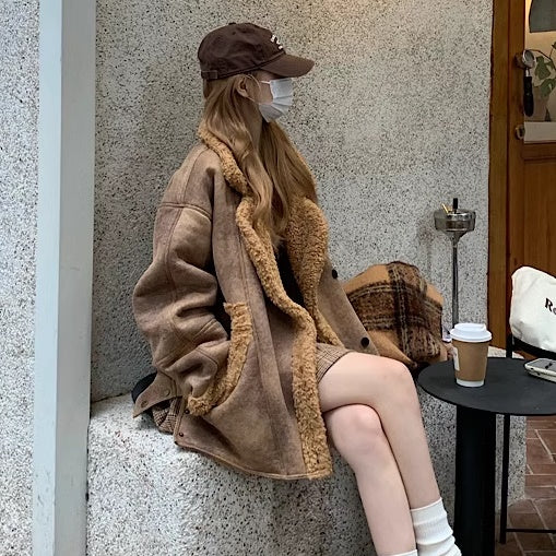 フェイクムートン ジャケット コート レディース 韓国 ファッション 暖 防寒 アウター 内ボア ミドル丈 コート