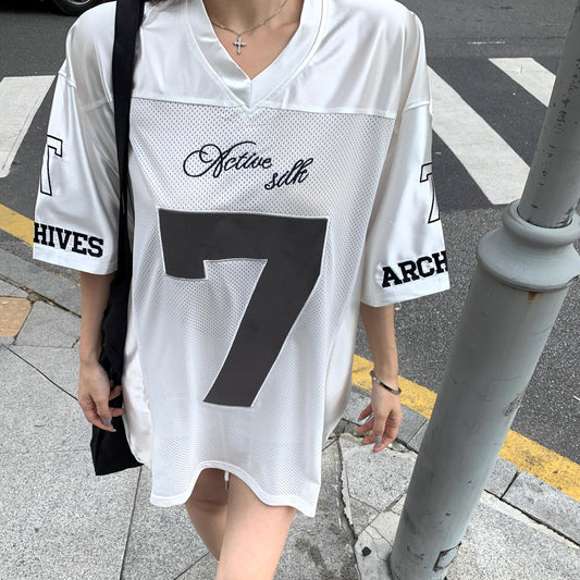 メッシュ ユニフォーム Tシャツ レディース 韓国 ファッション ビッグシルエット ポリ メッシュ 切替 ゲーム tシャツ