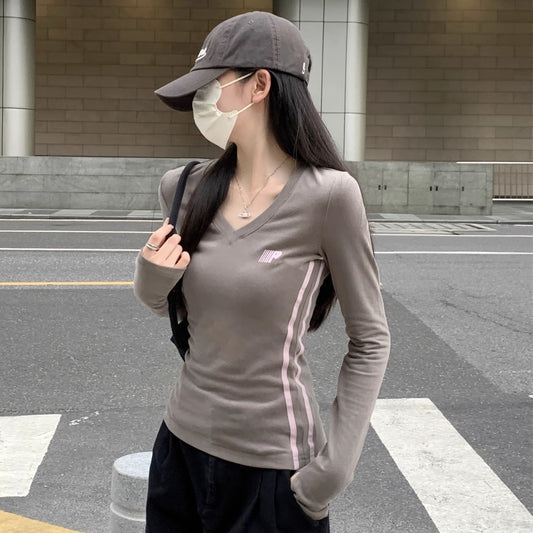 Vネック ストレッチ ロングTシャツ レディース 韓国 ファッション ロゴ ライン ロンT 指抜き ロング袖 タイト カットソー