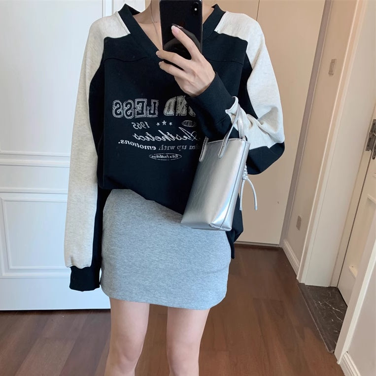 Vネック カラーブロック スウェット トレーナー レディース 韓国 ファッション スウェット ゲームシャツ スウェット ロゴ 秋冬 バイカラー ライン トップス