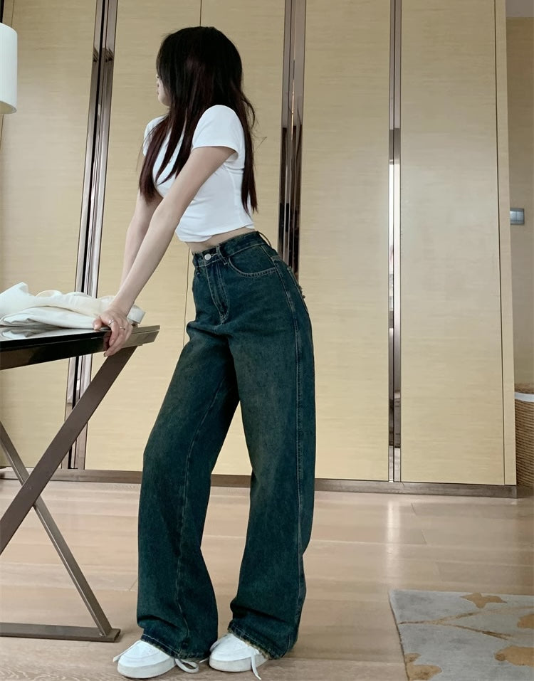 デニムパンツ ワイドシルエット レディース 韓国 ファッション ユーズド加工 ワイドデニム