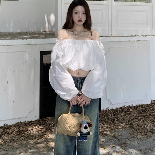 オフショル ブラウス 韓国 ファッション 夏トップス ボリューム ふんわり かわいい ガーリー セクシー 長袖 夏 トップス