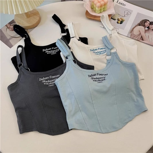 クロップド ロゴ タンクトップ レディース 韓国 ファッション 夏コーデ カーブ裾 ノースリーブ キャミ ブラトップ かわいい セクシー スポーティ
