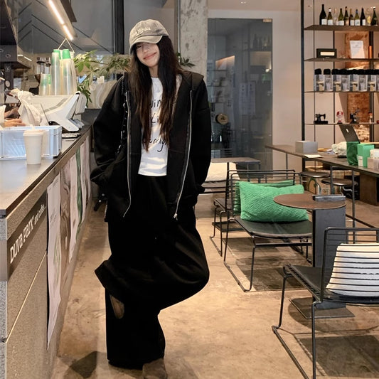オールブラック スウェット セットアップ パーカー レディース 韓国 ファッション ストリート 上下セット