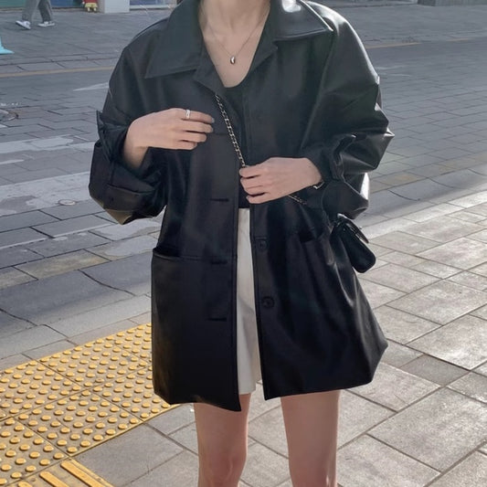 フェイクレザー ブルゾン レディース 韓国 ファッション エコレザー ロングジャケット オーバーサイズ 春 アウター