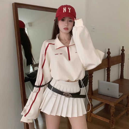 ハーフジップ ライン トレーナー レディース 韓国 ファッション スポーティ ショート トップス