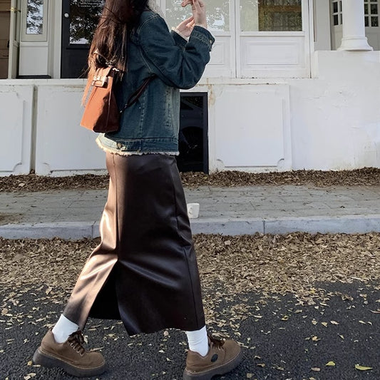 フェイクレザー ロングスカート レディース 韓国 ファッション エコレザー ナロースカート