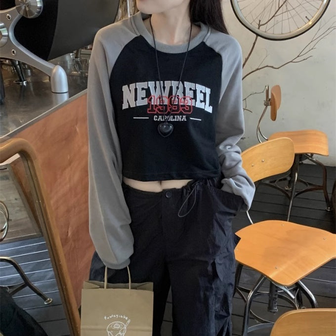 クロップ ラグラン トレーナー レディース 韓国 ファッション ロゴ グラフィック バイカラー ドローコード パラシュート スウェットトップス