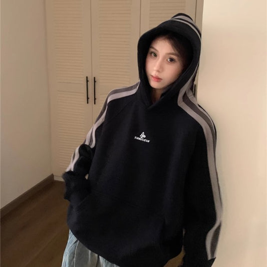 パーカー レディース サイドライン ビッグシルエット ラグラン プルオーバー 韓国 スポーツライン 秋冬 トップス