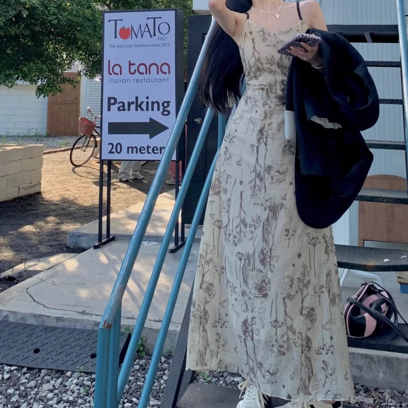 背中見せ ワンピース 韓国 ファッション ノースリーブ ロングワンピ ボタニカル 花柄 キャミワンピース 肌見せ Aライン ロングフレア