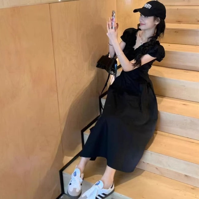 ワンピース 韓国 Vネック レディース 韓国 ファッション フレンチスリーブ フリル 黒 ロングワンピース 夏