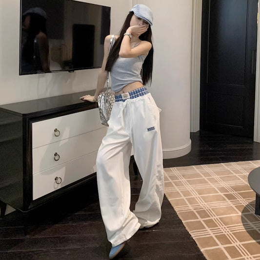 チェック レイヤード ワイドパンツ レディース 韓国 ストリート ロゴ ドッキング イージー チノパンツ