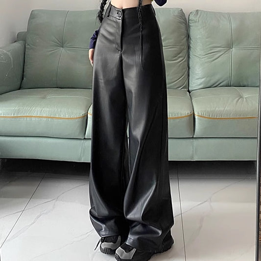 エコレザーパンツ レディース 韓国 ファッション ワイドパンツ 秋冬 フェイクレザー PUレザー