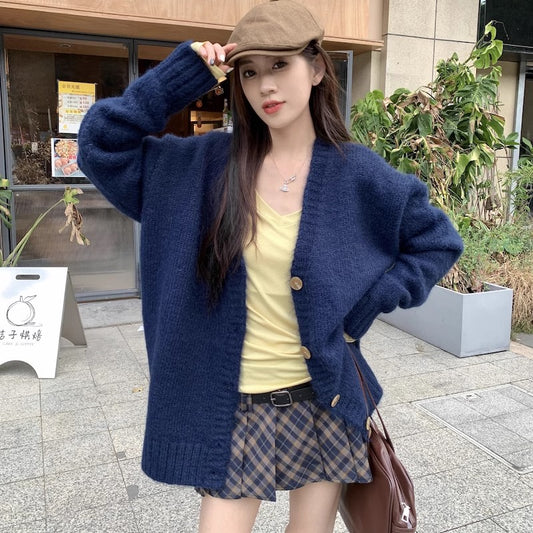 ニット カーディガン レディース 韓国 ファッション ネイビー オーバサイズ ニットカーデ