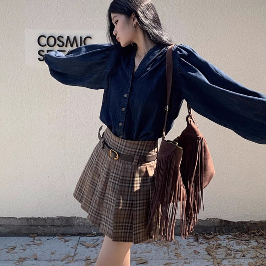 コーデセット デニムシャツ プリーツスカート 上下セット レディース 韓国 ファッション プリーツ チェックスカート バルーンスリーブ ダンガリーシャツ 長袖 ミニスカート 秋コーデ