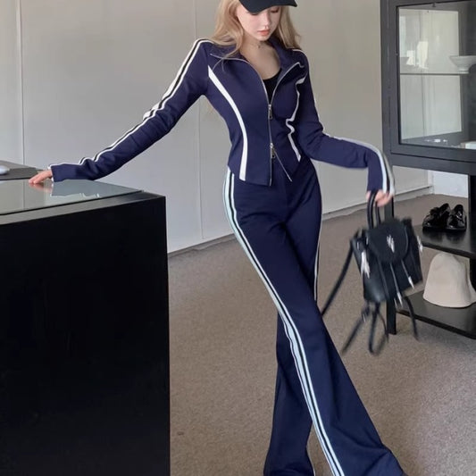 ジャージ セットアップ レディース 韓国 タイトフィット サイドライン クロップジャケット フレアパンツ 上下セット