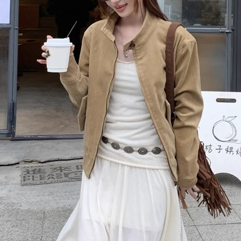 ライダース コーデュロイ ブルゾン レディース 韓国 ファッション ワンポイント ロゴ レトロ ジャケット