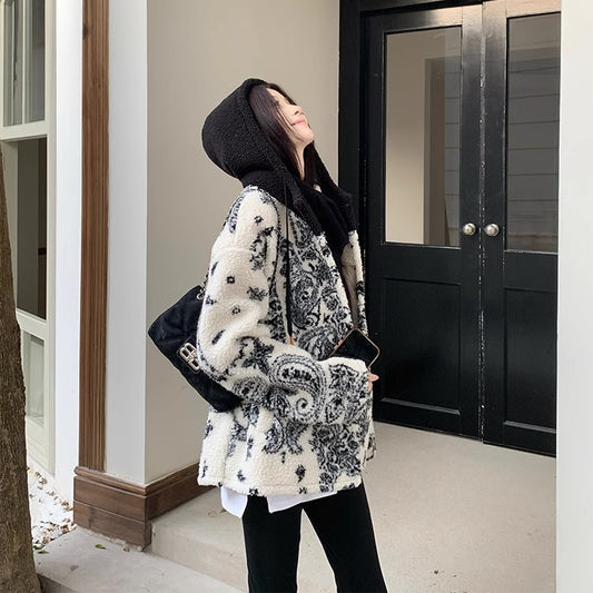 ペイズリー フード ボア ブルゾン レディース 韓国 アウター ファッション ジップ ボアフリース ジャケット