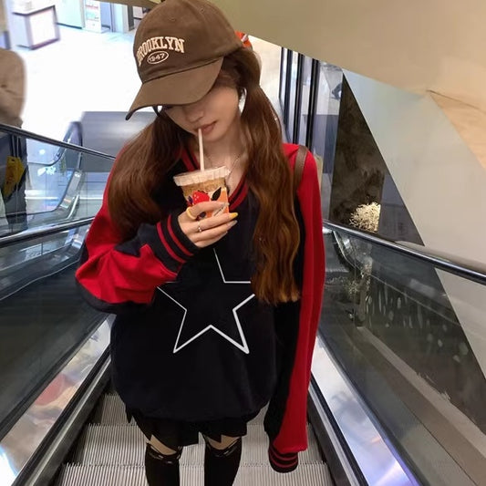 ゲーム スウェットシャツ トレーナー レディース 韓国 ファッション ラグラン 袖ライン 星マーク カラーブック Vネック オーバーサイズ スウェット トップス