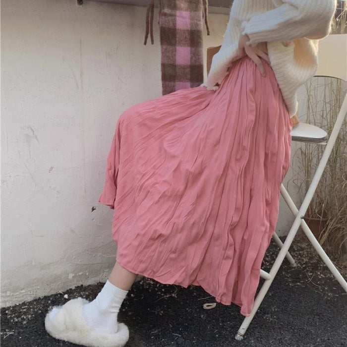 しわ加工 プリーツ ロングスカート 秋冬 レディース 韓国 ファッション ボリューム スカート 白/黒/ピンク