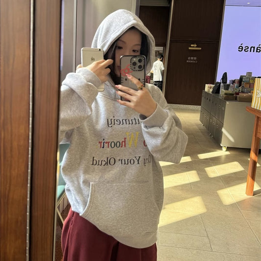 パーカー レディース 韓国 ファッション フロントロゴ フラフィック プルオーバー グレー パーカー オーバーサイズ